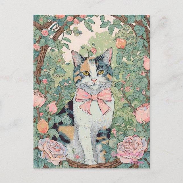 Gato calico com cartão postal de flores (Frente)