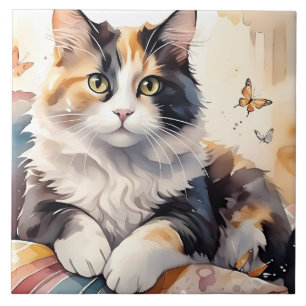 Gato Calico de Aquarela Caprichosa e Borboletas