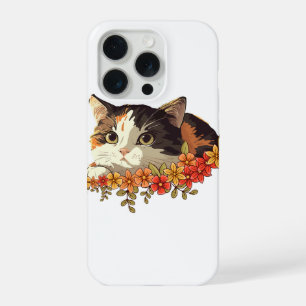 Gato Calico Kawaii Arte Floral Espiando