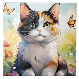 Gato Calico no Jardim de Primavera com Borboletas