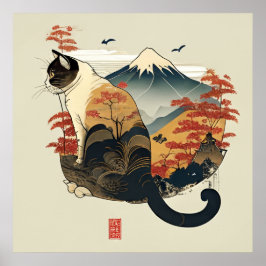 Gato Castanho com Poster do Monte Fuji