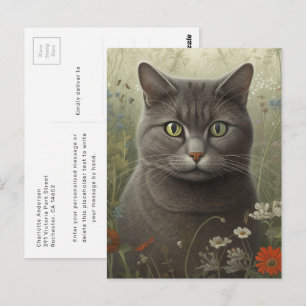 Gato Cinza Em Um Cartão Postal De Jardim