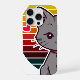 Gato Cinza Kawaii Arte de Anime Pôr do Sol Retro
