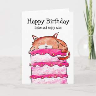 Gato com cartão de aniversário de bolo