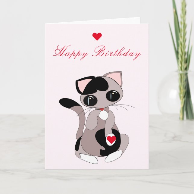 Gato com Cartão de Aniversário de Presente Coração (Frente)