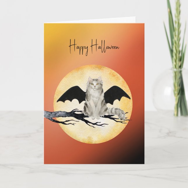 Gato com Cartão de Halloween de Batwings do Gato (Frente)