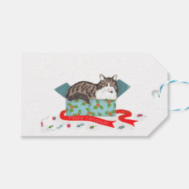 Gato com etiquetas de presentes de Natal
