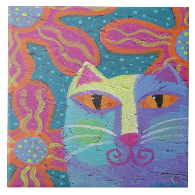 Gato com Flores Rosa Pintura Abstrata (Frente)