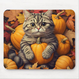 Gato com Folhas de outono e Pumpkins Mouse Pad