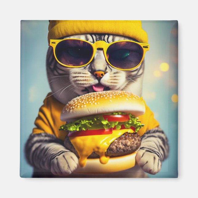 GATO COM Imã de geladeira CHEESEBURGER FUNNY (Frente)