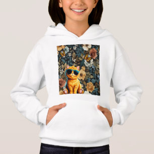 Gato com óculos de sol e borboletas nas flores