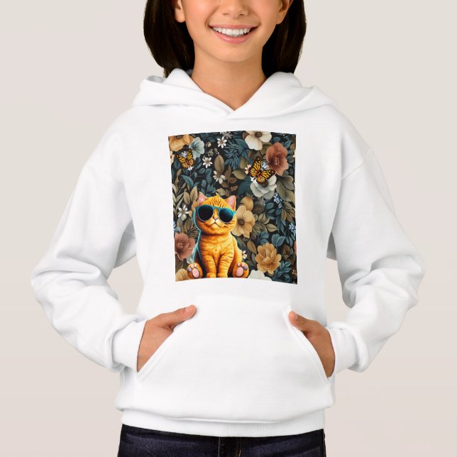 Gato com óculos de sol e borboletas nas flores (Frente)