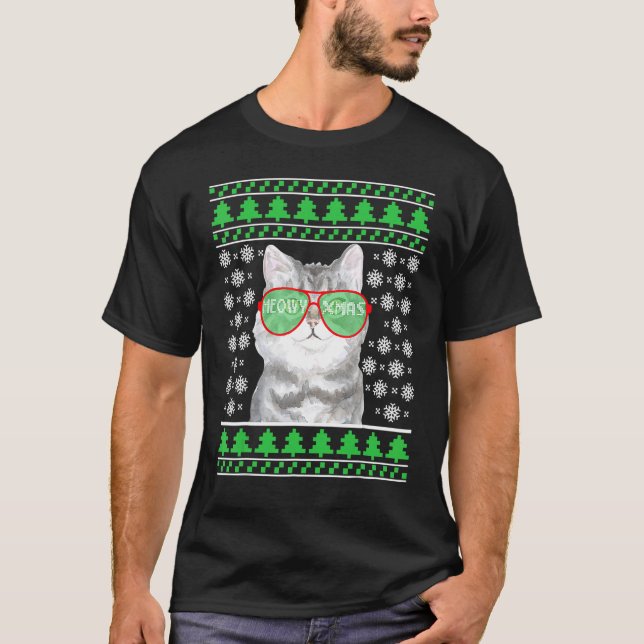 Gato Com Óculos De Sol Meowy Suéter De Natal Feio (Frente)