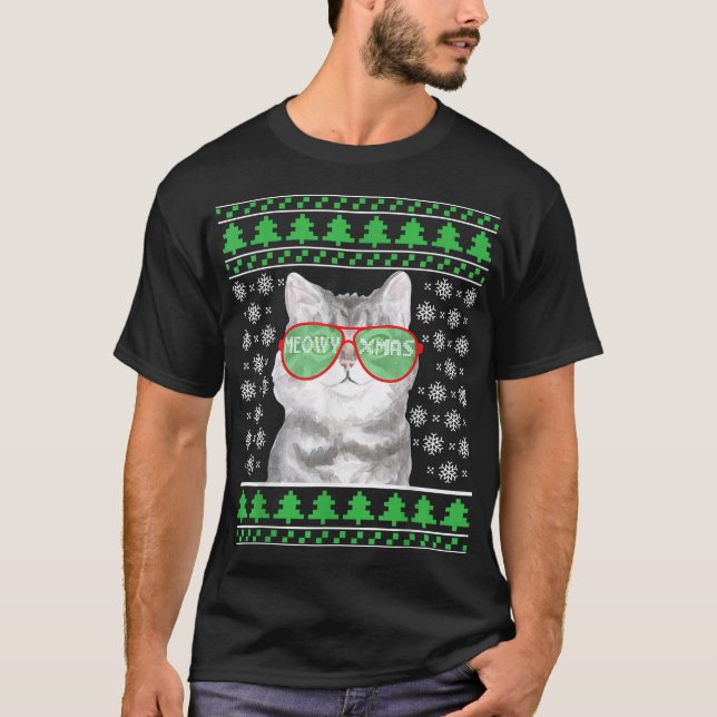 Gato com óculos de sol Suéter de Natal Feliz (Frente)