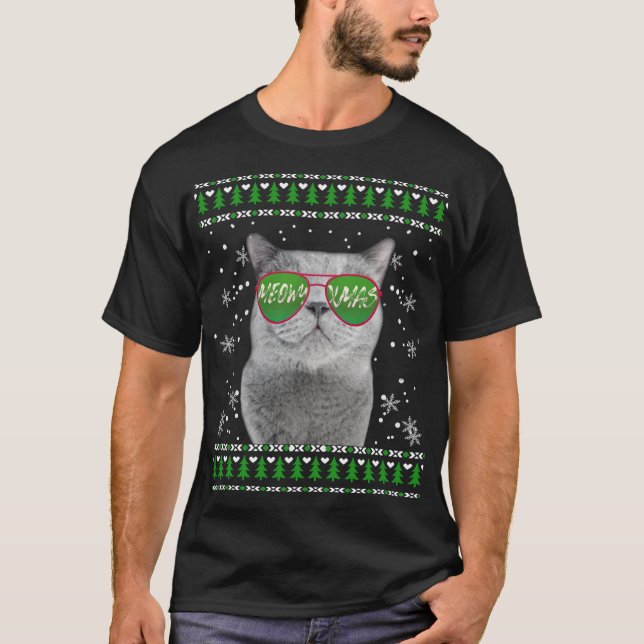Gato com óculos de sol Suéter de Natal Feliz (Frente)