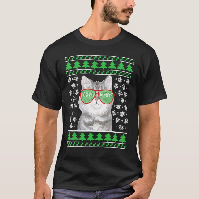 Gato com óculos de sol Suéter de Natal Feliz (Frente)