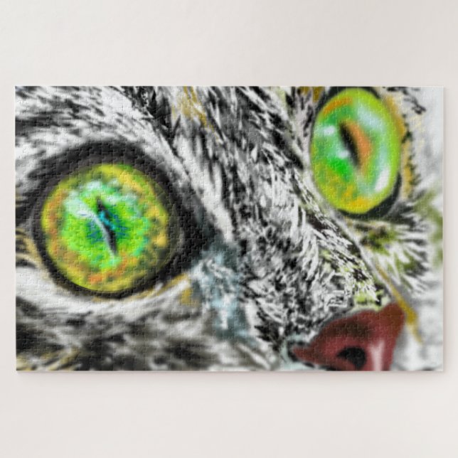 Gato com Quebra-cabeça de Olhos Verdes (Horizontal)