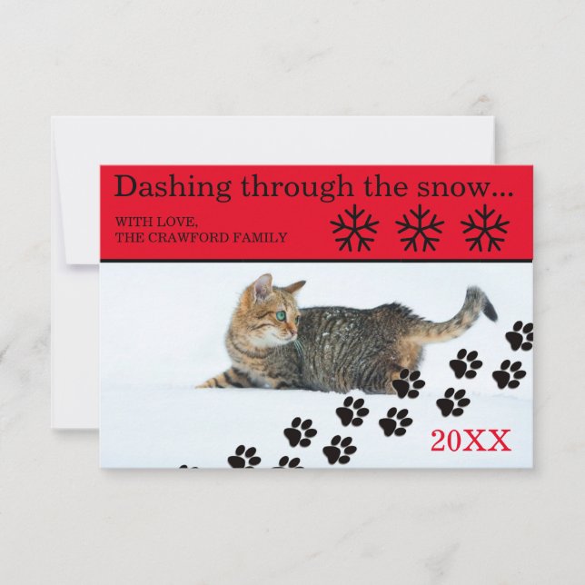 Gato Correndo Pela Neve - Cartão de Natal 3x5 (Frente)