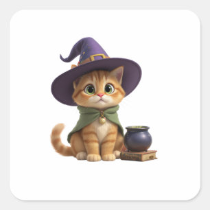 Gato de Bruxa Laranja Fofo Quadrado Adesivo de Hal
