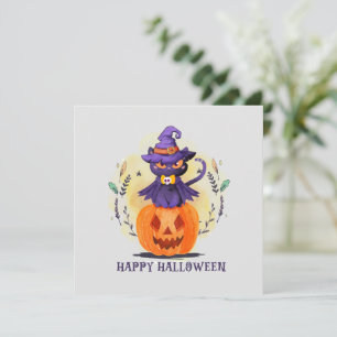 Gato de Bruxas Roxas na Abóbora - Feliz Halloween
