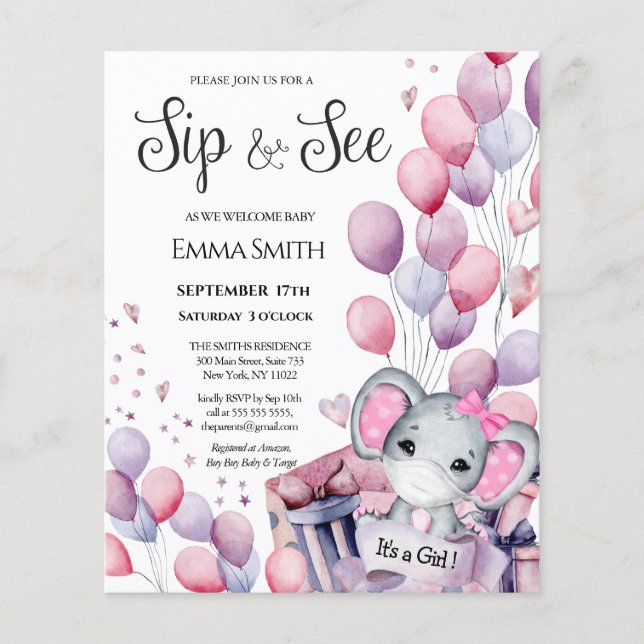 Gato de Elefante Bebê e Vês Convite (Frente)