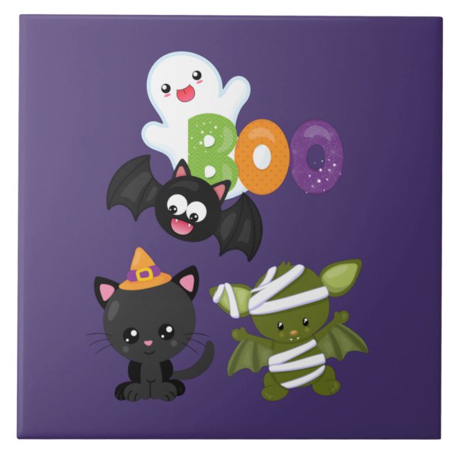 Gato de Halloween, Bat, Mamã e Fantasma (Frente)