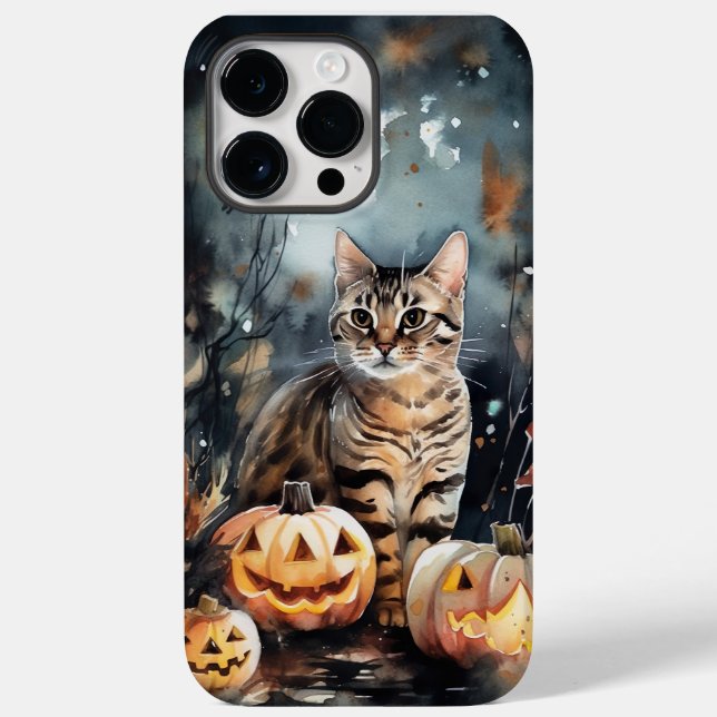 Gato de Halloween Bengal com Pumpkins assustado (Verso)