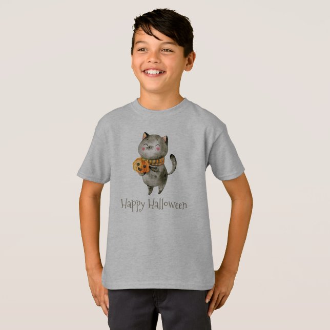 Gato de Halloween bonito com abóbora | Camiseta (Frente Completa)