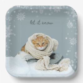 Gato De Inverno Que Deixa Neve Pratos De Papel Qua