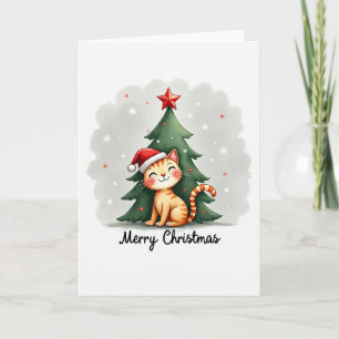 Gato de mesa bonitinho no cartão de Natal Santa Ha