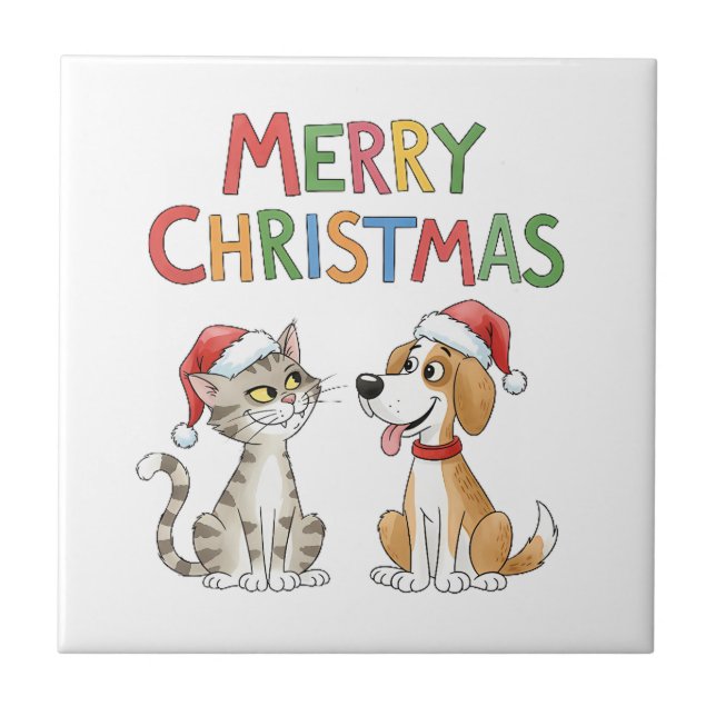 Gato de Natal e Cachorro Bonitos com Chapéus Santa (Frente)