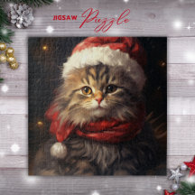 Gato de Natal numa Quebra-cabeça de chapéu de Papa