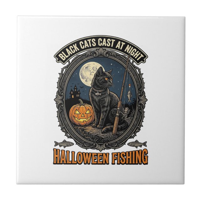 Gato de Pesca de Halloween Design de Abóbora Vinta (Frente)