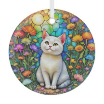 Gato de Vidro Pintado e Ornamento de Vidro com Flo