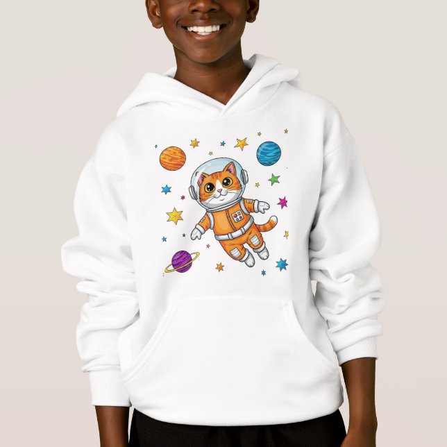 Gato Desenho Astronauta Flutuando no Espaço (Frente)