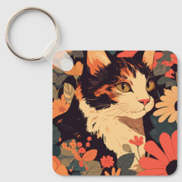 Gato do Calico Elegante na Chaveiro do Jardim Flor