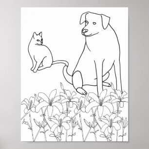 Gato e Cachorro por Lily Flowers, contorno, Poster