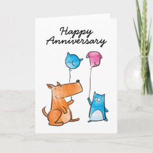 Gato e Cão com Cartão de Aniversário de Balões
