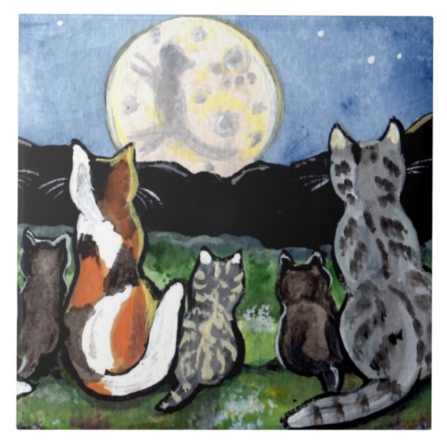 Gato e Gatinhos Vendo a Lua 6", Azulejo Trivet (Frente)