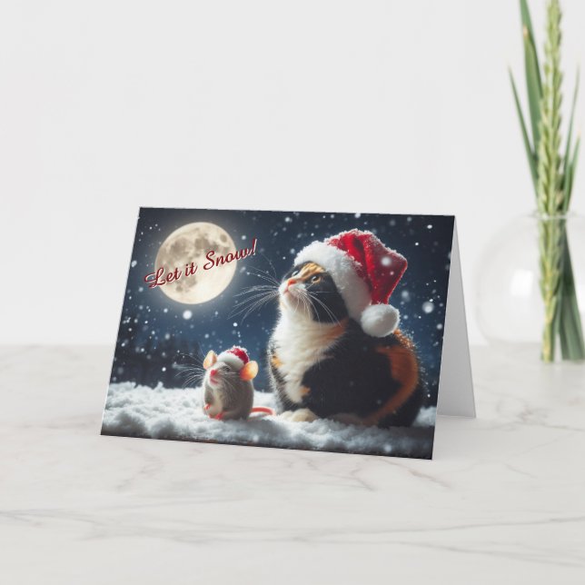 Gato e mouse assistindo o cartão de Natal da neve (Frente)
