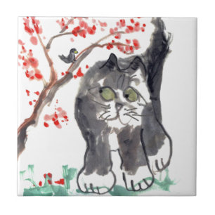 Gato e pássaro da flor de cerejeira