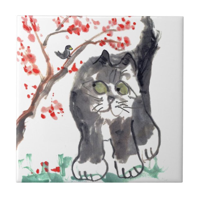 Gato e pássaro da flor de cerejeira (Frente)
