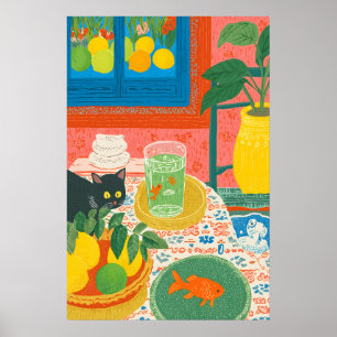 Gato e Peixe Dourado Arte de Cozinha Impressão Col