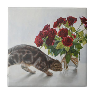 Gato e Rosas Vermelhas – Impressão de Pintura a Ól