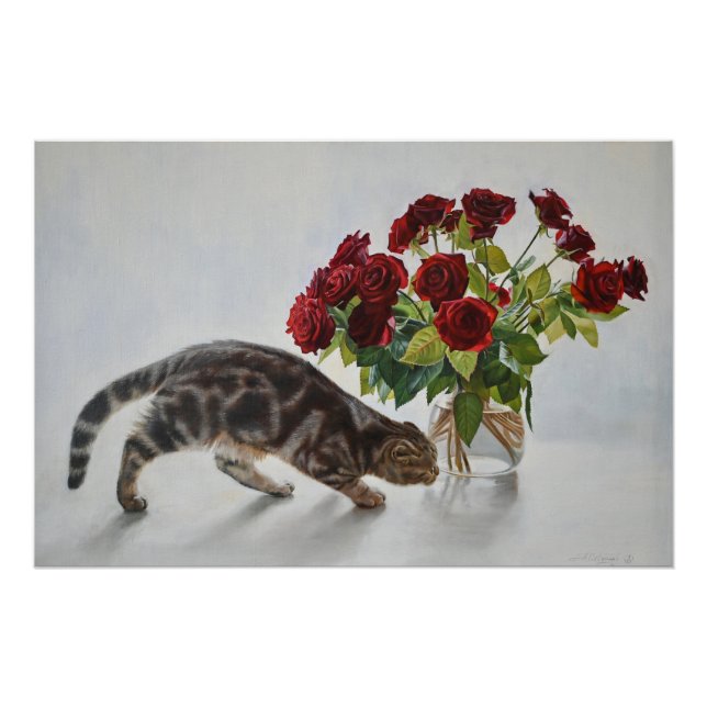Gato e Rosas Vermelhas – Impressão de Pintura a Ól (Frente)