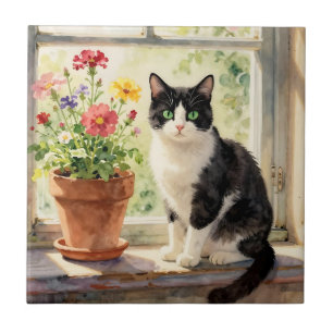 Gato em aquarela e flores no parapeito da janela