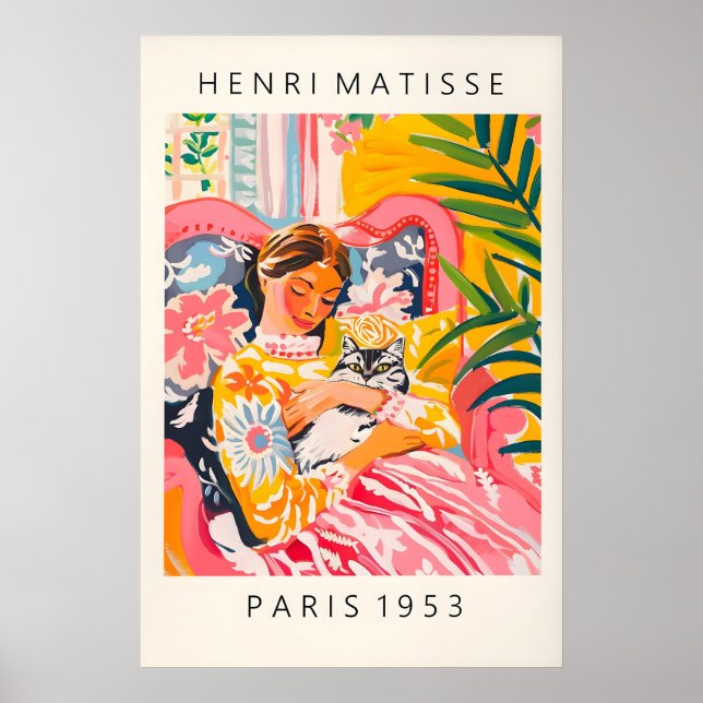 Gato em estilo de Matisse, impressão de arte, mulh (Frente)