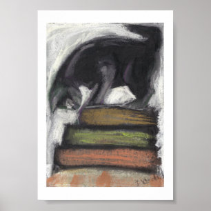 Gato em livros - impressão da pintura Pastel