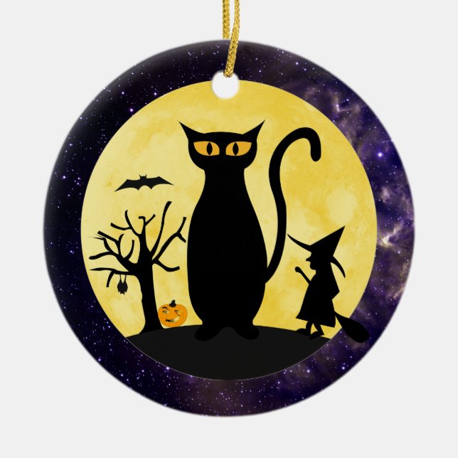 Gato em um ornamento da lua do Dia das Bruxas (Frente)