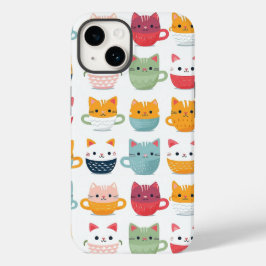 Gato em xícaras de chá e café Padrão Colorido Fofo